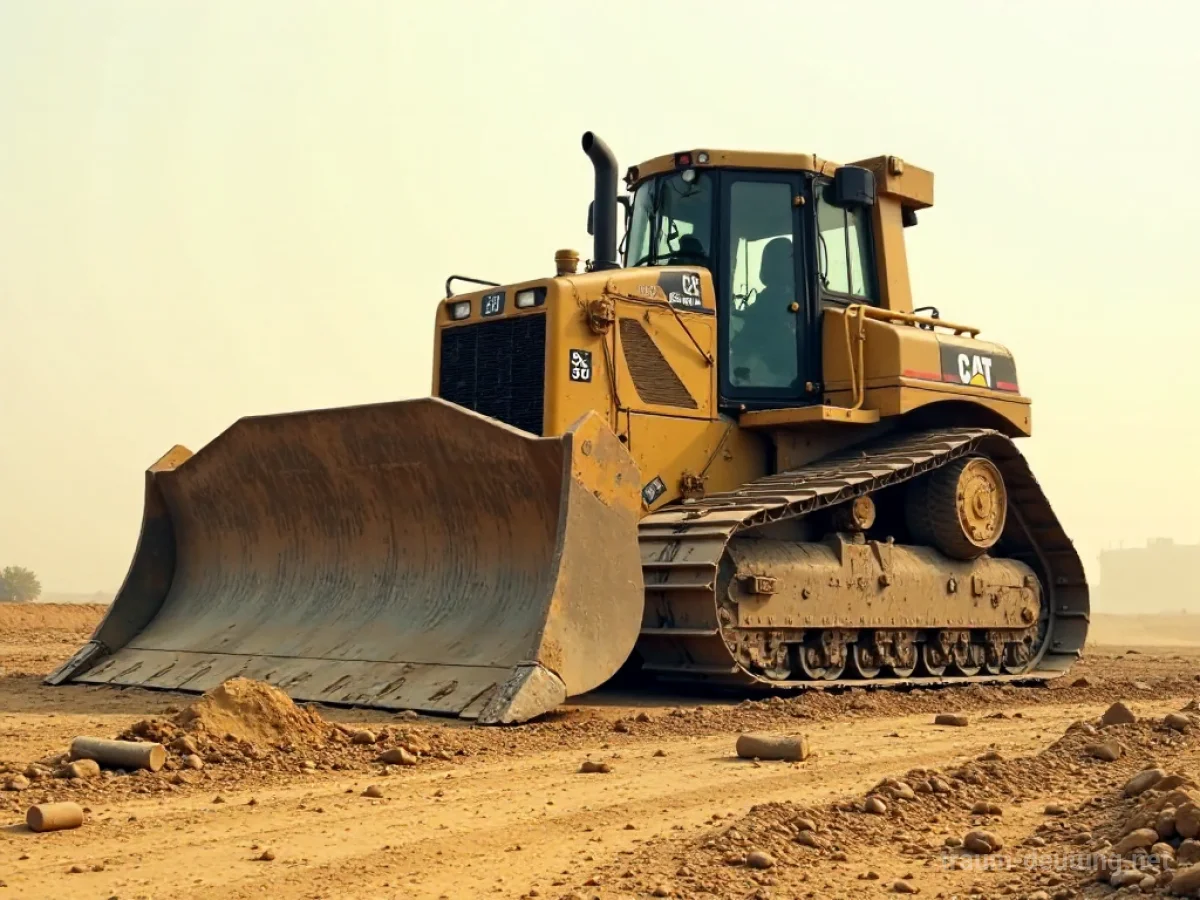 Traumsymbol Bulldozer: Ein massiver, verwitterter Bulldozer steht auf einer staubigen Baustelle im grellen Mittagslicht, umgeben von Schutt.