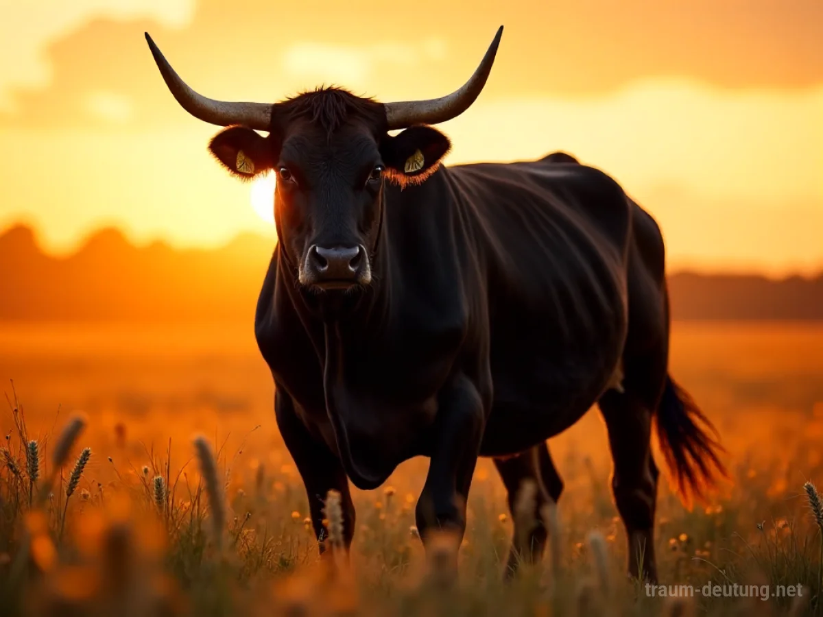 Traumsymbol Bulle: Ein mächtiger, muskulöser Bulle steht in einem goldenen Weizenfeld bei Sonnenuntergang, seine dunklen Augen blicken intensiv nach vorn.