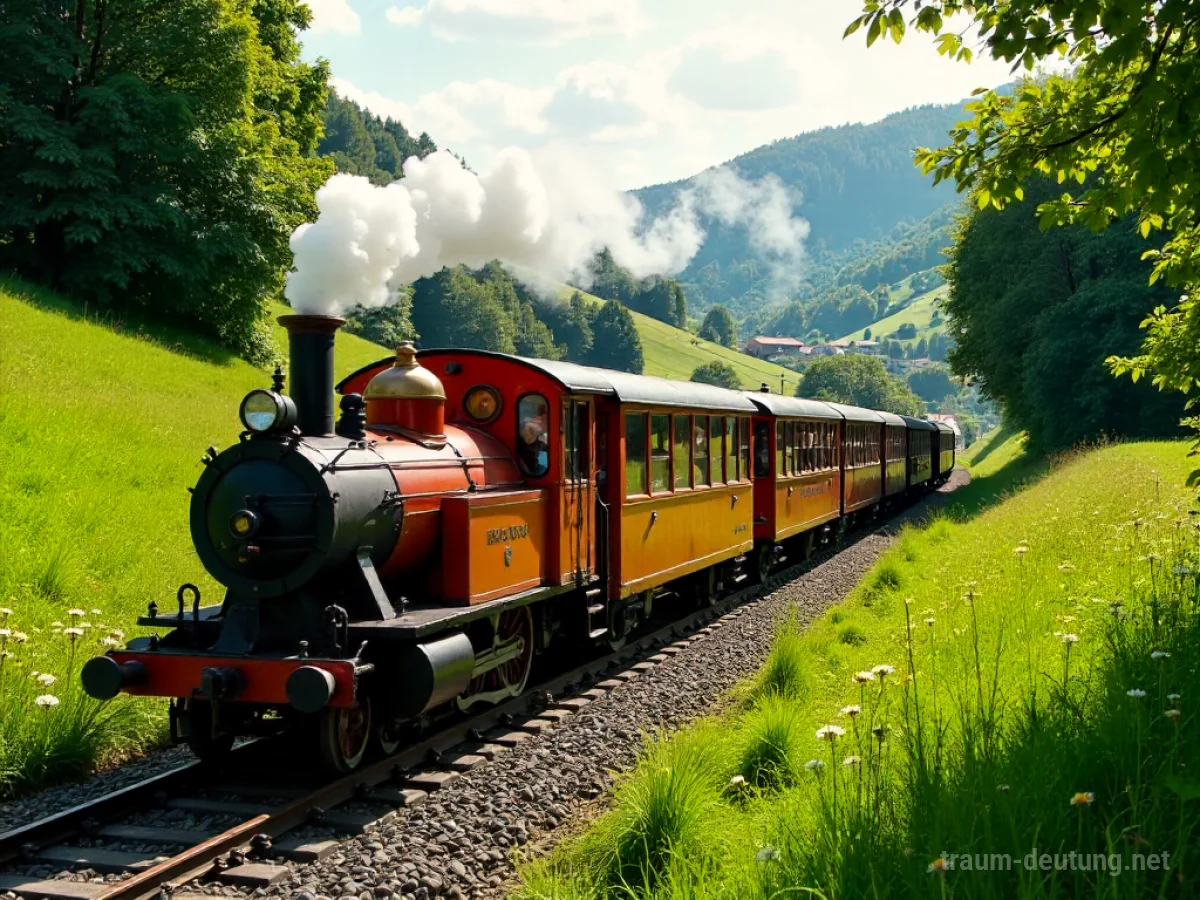 Traumsymbol Bummelzug: Ein nostalgischer, bunter Bummelzug fährt langsam durch eine sonnige, grüne Landschaft mit kleinen Dörfern.