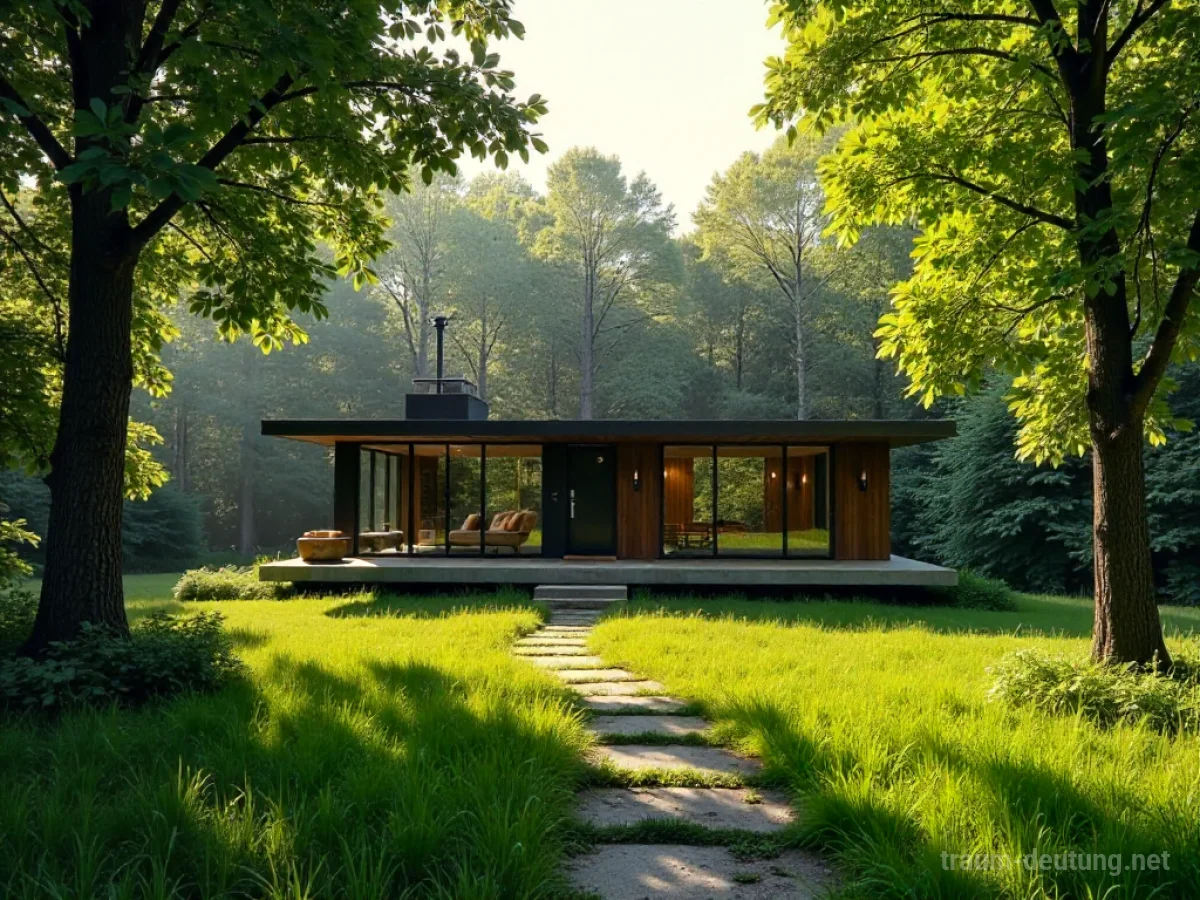 Traumsymbol Bungalow: Ein moderner Bungalow mit großen Fenstern in einer sonnenbeschienenen Waldlichtung, umgeben von üppigem Grün und einem steinernen Weg.