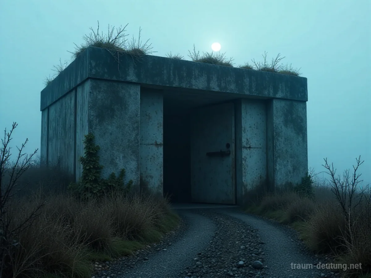 Traumsymbol Bunker: Ein verwitterter Betonbunker mit leicht geöffneter Stahltür ragt in einer nebligen, mondbeschienenen Landschaft auf.