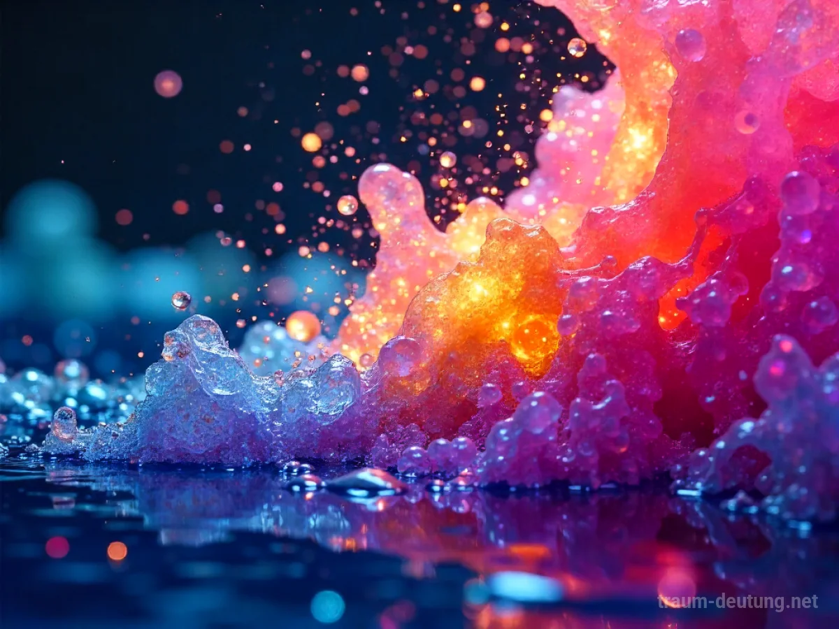 Traumsymbol Bunt: Eine lebendige Explosion aus schillernden, flüssigen Regenbogenfarben wirbelt in einem dunklen, ätherischen Raum, beleuchtet von einem inneren Glühen.