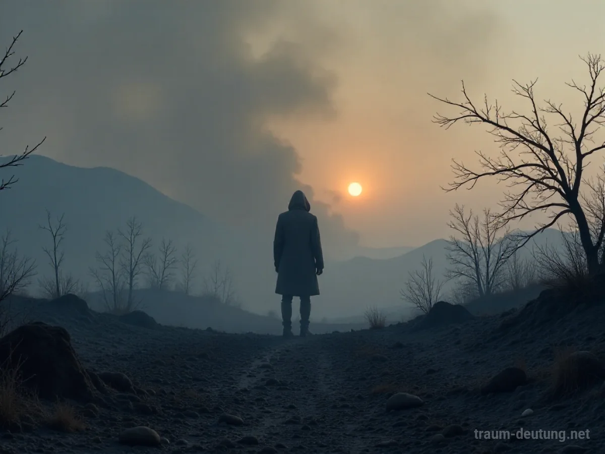 Traumsymbol Burnout: Eine einsame, schemenhafte Gestalt steht in einer kargen, aschegefüllten Landschaft unter einem Zwielichthimmel, umgeben von trockener, rissiger Erde.