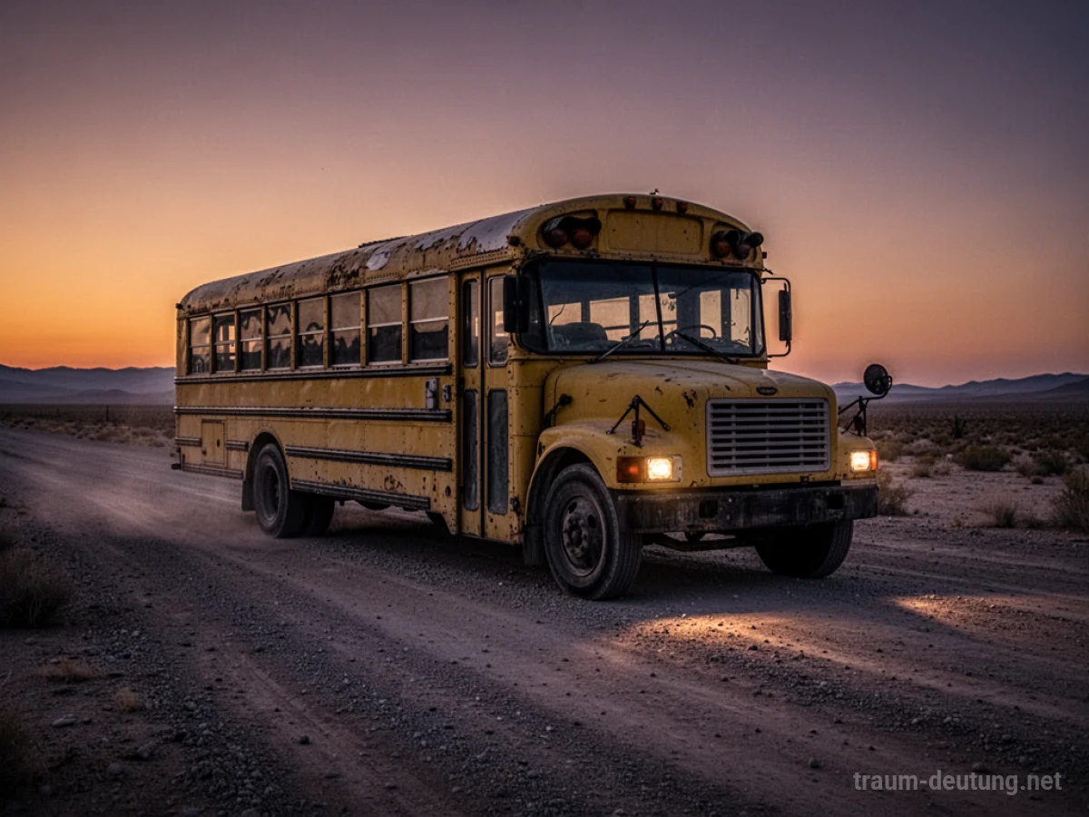Traumdeutung Bus: Ein alter gelber Schulbus steht auf einer einsamen Wüstenautobahn im Abendlicht.