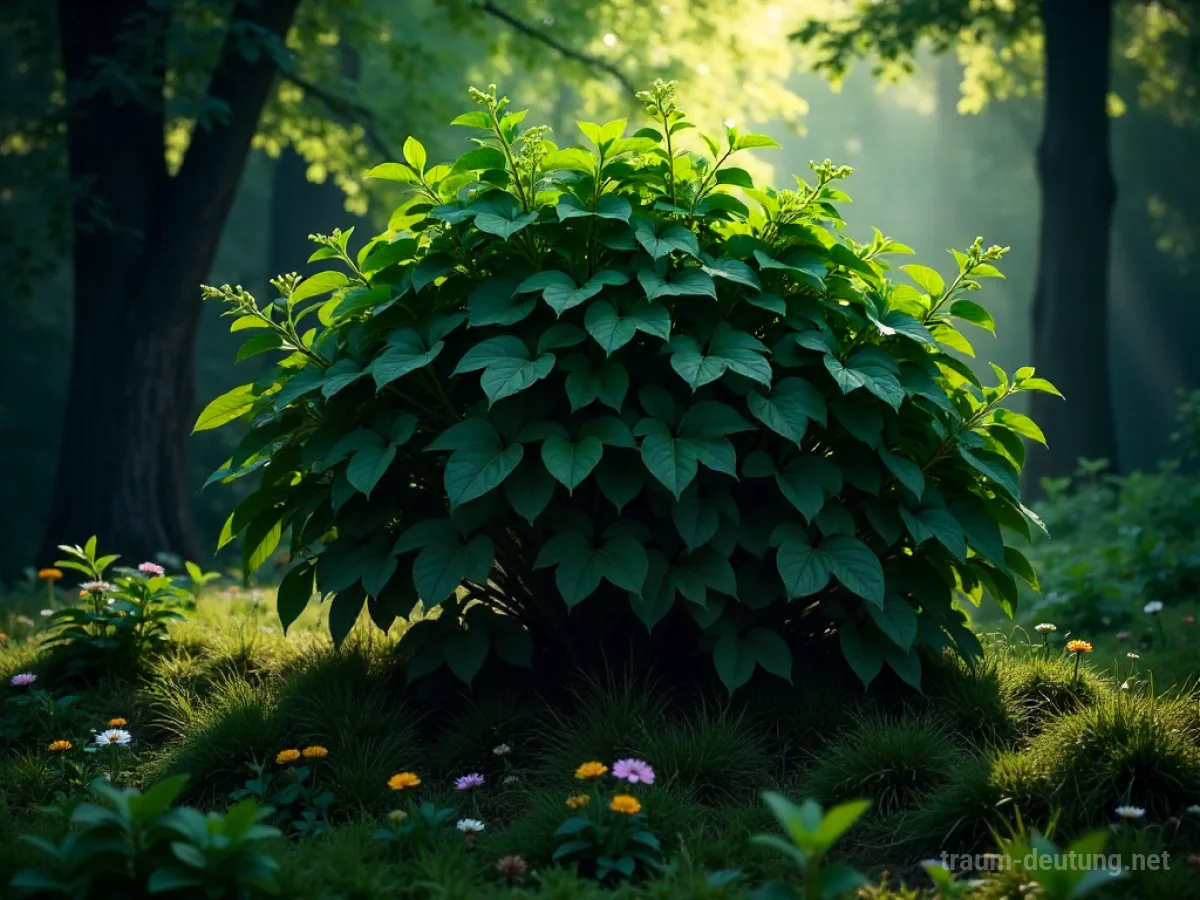 Traumsymbol Busch: Ein dichter, grüner Busch mit satten Blättern in einem schattigen Wald, durch den Sonnenlicht fällt.