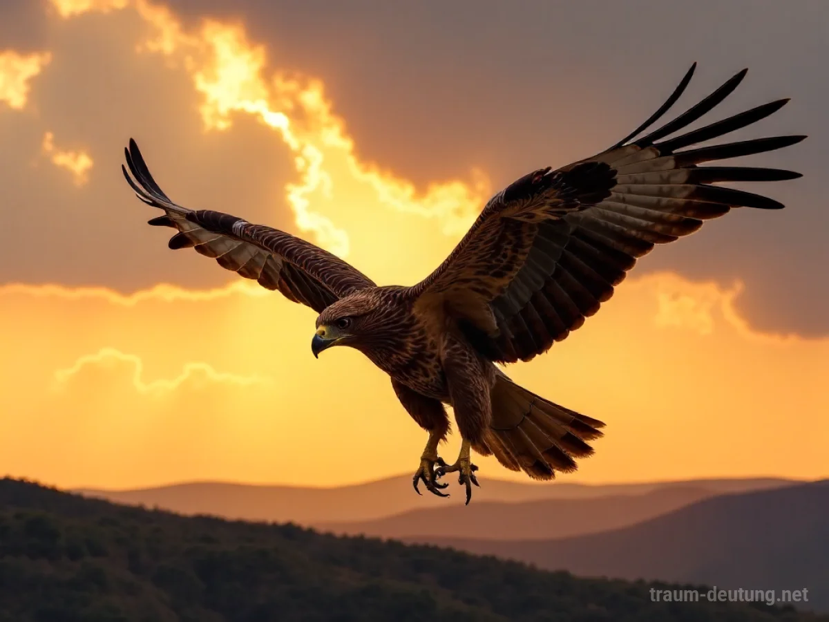 Traumdeutung Bussard: Ein majestätischer Bussard fliegt mit ausgebreiteten Flügeln unter einem dramatischen Sonnenuntergangshimmel, seine Augen sind nach unten gerichtet.