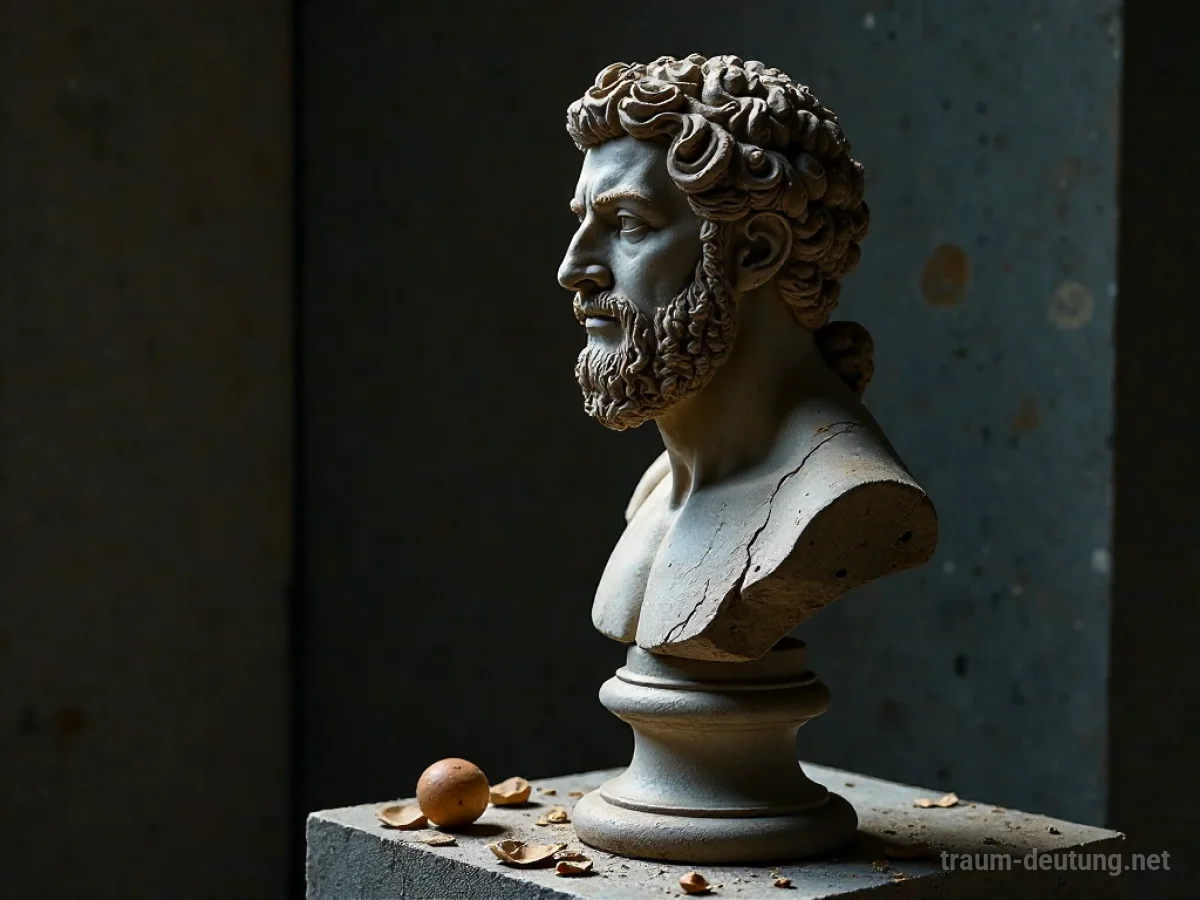 Traumsymbol Büste: Eine verwitterte Marmorbüste eines antiken Philosophen steht auf einem Steinsockel in einem staubigen Museum, beleuchtet von Mondlicht.