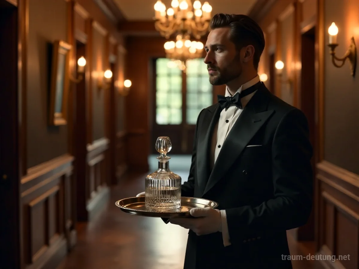 Traumsymbol Butler: Ein distinguiert gekleideter Butler steht aufmerksam in einem opulenten, schattigen Flur eines alten Herrenhauses und hält ein Silbertablett mit einer Kristallkaraffe.