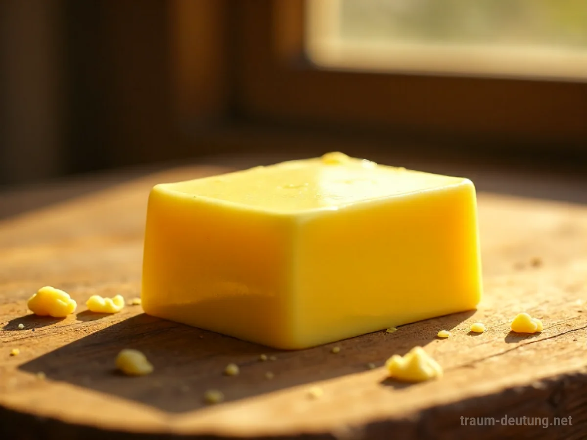 Traumsymbol Butter: Ein goldgelbes Stück Butter schmilzt langsam auf einem rustikalen Holztisch im warmen Morgenlicht.