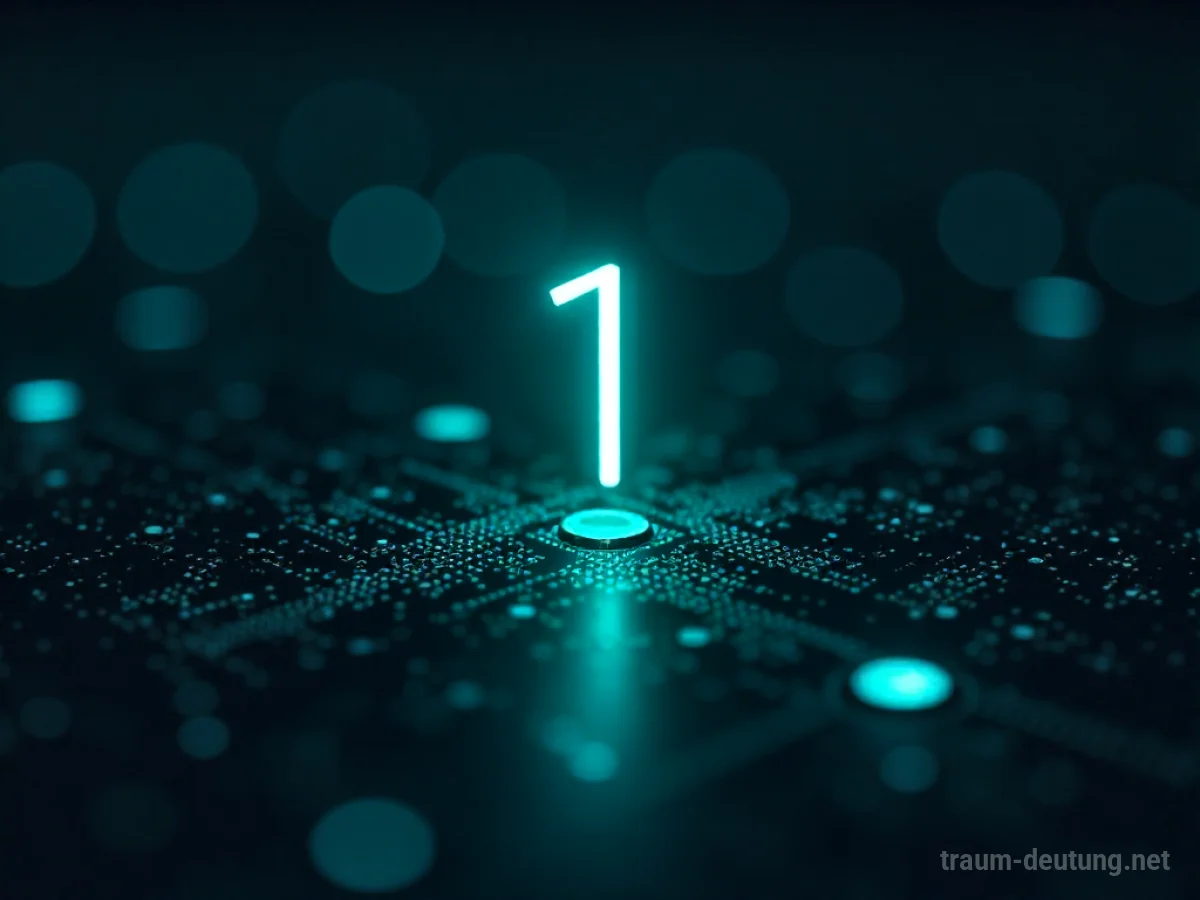 Traumsymbol Byte: Eine leuchtende binäre Ziffer schwebt in einer dunklen, digitalen Leere, umgeben von feinen, leuchtenden Leiterbahnen.