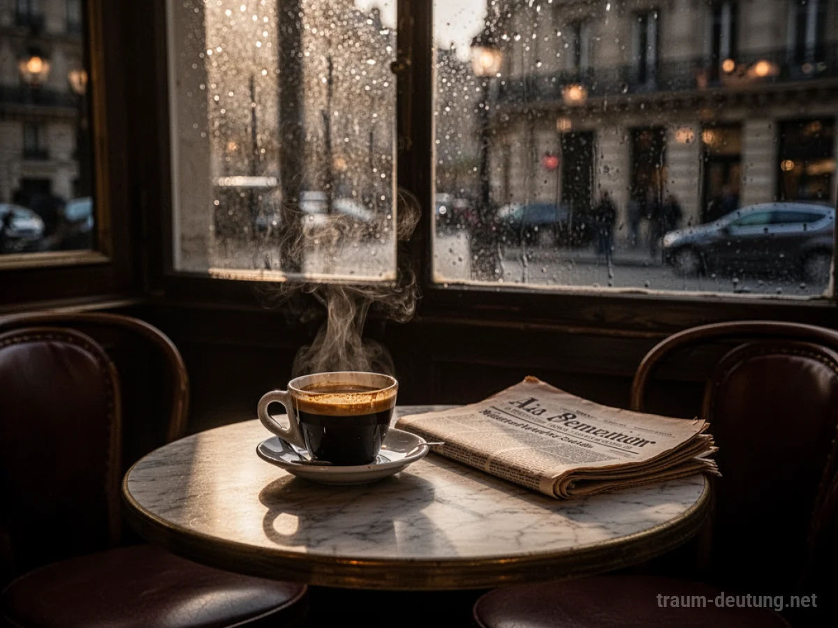 Traumsymbol Café: Ein gemütliches Pariser Café im Dämmerlicht, mit gedämpftem Licht, das durch ein regennasses Fenster fällt, und einer dampfenden Espressotasse auf einem Marmortisch.