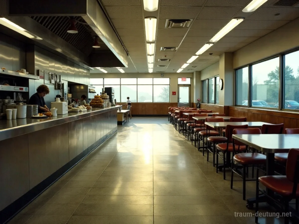 Traumsymbol Cafeteria: Eine leere, schwach beleuchtete Cafeteria mit polierten Holztischen und Edelstahltheken, die eine Atmosphäre der Stille und Erwartung ausstrahlt.