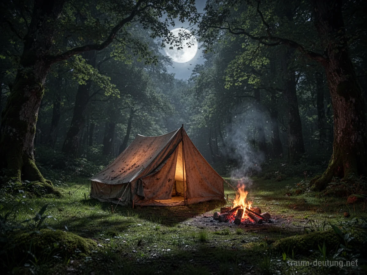 Traumsymbol Camping: Ein einsames, beleuchtetes Zelt steht neben einem knisternden Lagerfeuer in einem dunklen Wald bei Mondschein.