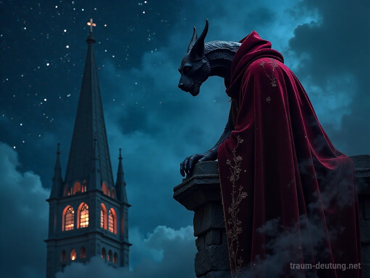 Traumsymbol Cape: Ein dunkler, roter Samtumhang liegt über einem steinernen Wasserspeier auf einer Kathedrale im Mondlicht.