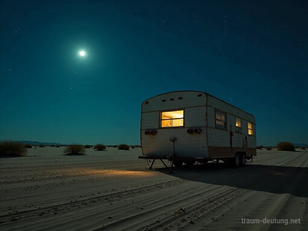 Traumsymbol Caravan: Ein alter, verwitterter Wohnwagen steht nachts allein in einer weiten Wüstenlandschaft unter klarem Sternenhimmel, beleuchtet vom Mondlicht.