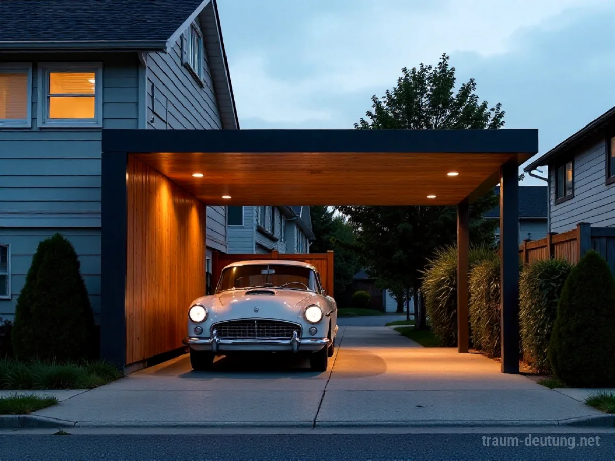 Traumsymbol Carport: Ein moderner Carport aus dunklem Holz und Metall steht in einer ruhigen Vorstadtstraße bei Dämmerung, mit einem Auto darunter.