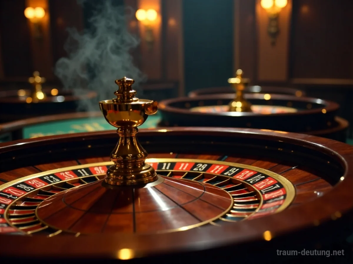 Traumsymbol Casino: Ein opulenter, schummrig beleuchteter Casino-Innenraum mit sich drehenden Roulette-Rädern und Chip-Stapeln auf einem Holztisch.