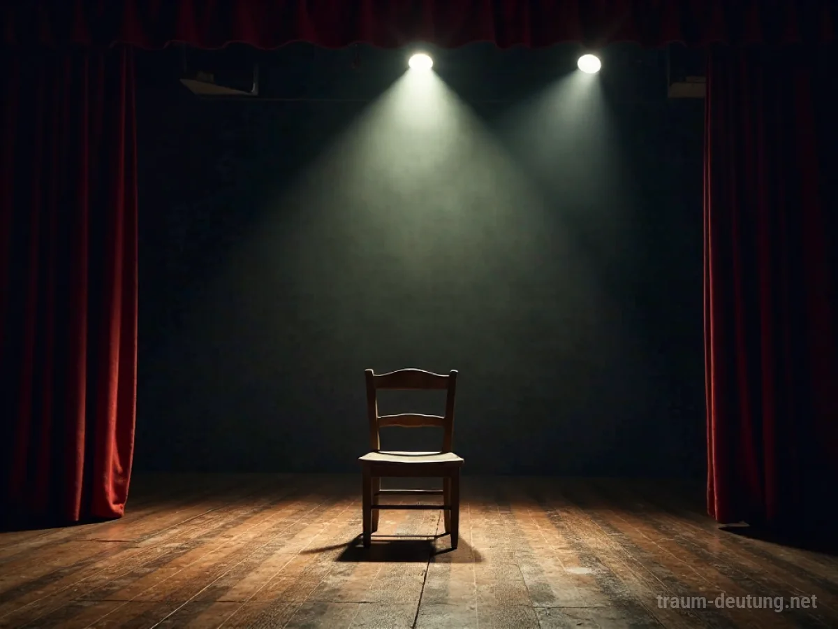 Traumsymbol Casting: Ein leerer, beleuchteter Stuhl steht im Zentrum einer dunklen Theaterbühne, was auf eine bevorstehende Bewertung oder Auswahl hindeutet.