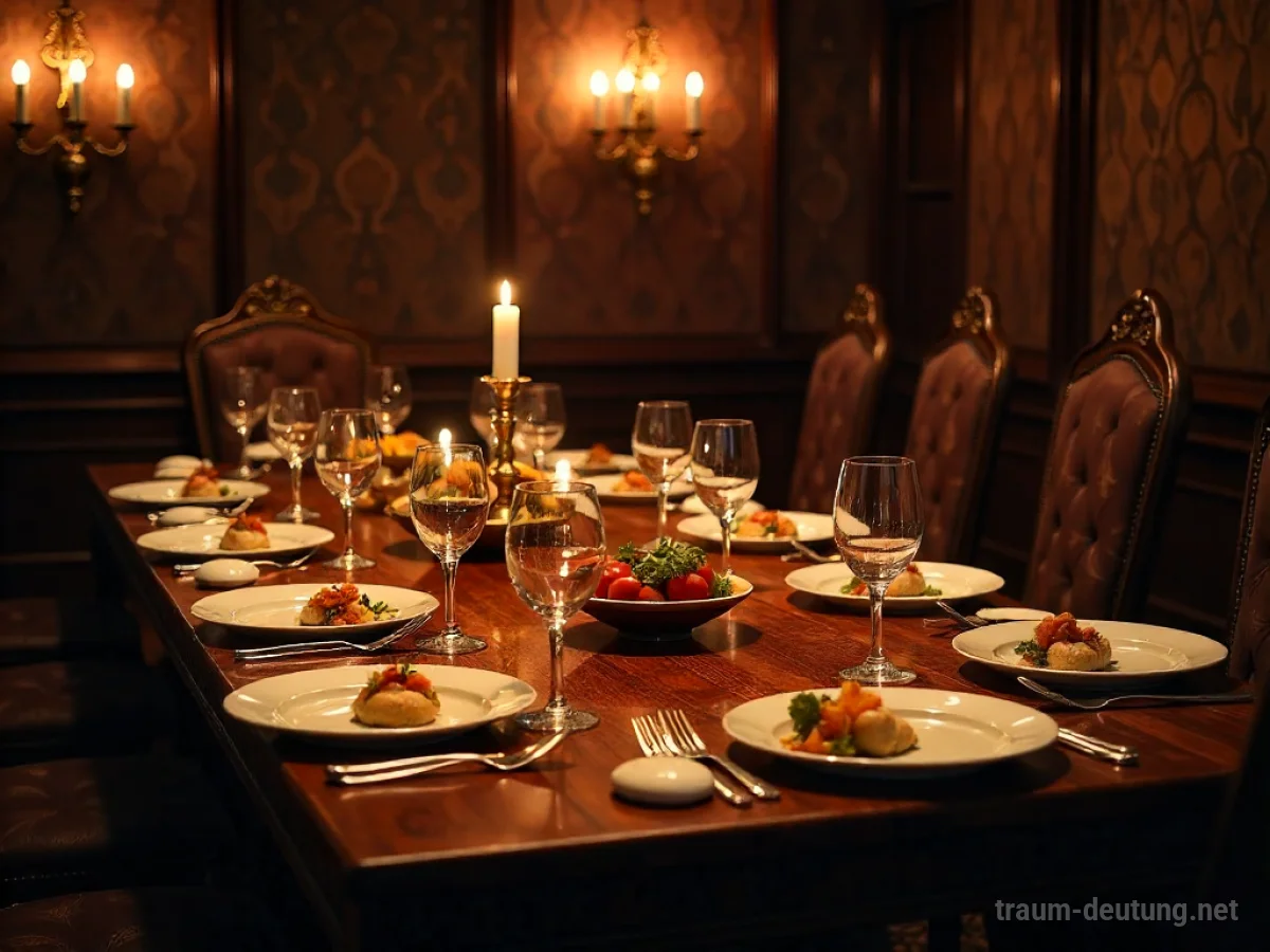 Traumdeutung Catering: Ein opulent gedeckter Esstisch in einem prunkvollen, schwach beleuchteten Festsaal mit exquisiten Speisen und funkelnden Gläsern.