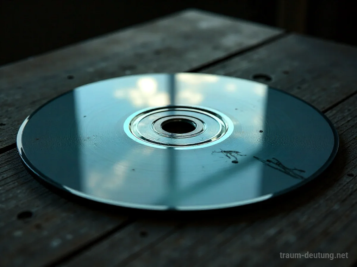 Traumsymbol CD: Eine alte CD liegt auf staubigem Holz, beleuchtet von Mondlicht, das Kratzer und die verzerrte Spiegelung eines dunklen Raumes zeigt.