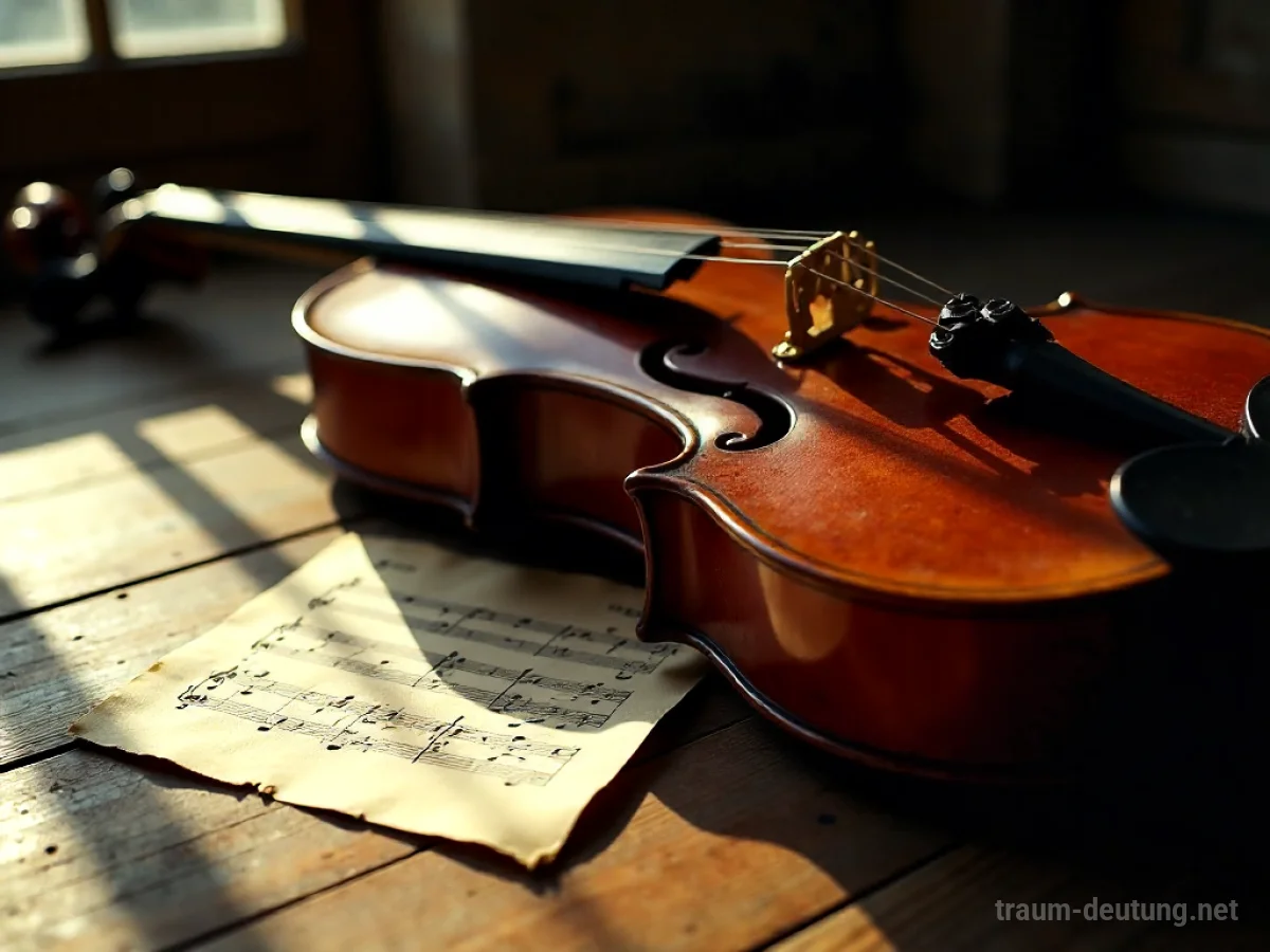 Traumdeutung Cello: Ein poliertes Cello ruht auf einem Holzboden, beleuchtet von warmem Licht, mit einer alten Notenblattpartitur daneben.