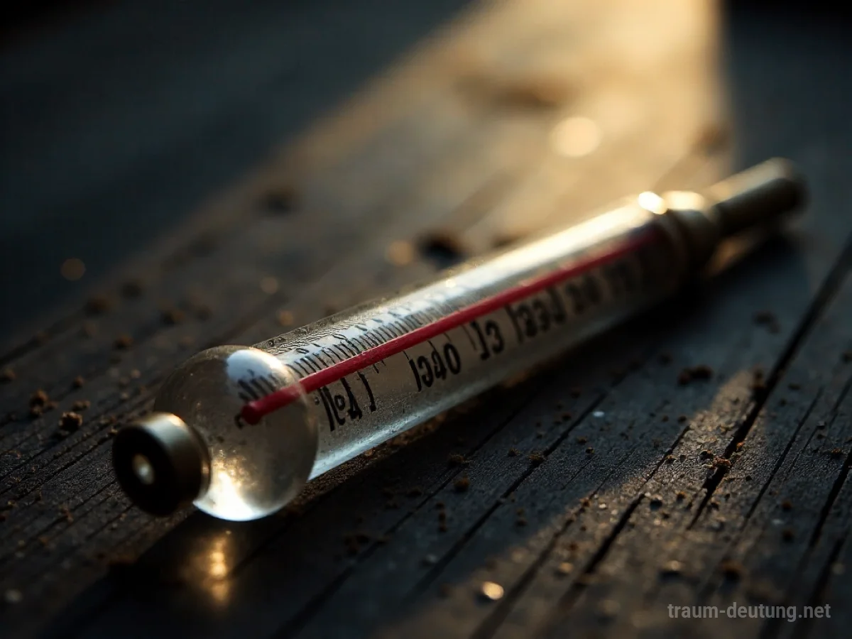 Traumsymbol Celsius: Ein antik aussehendes Quecksilberthermometer liegt auf dunklem Holz, beleuchtet von warmem Licht.