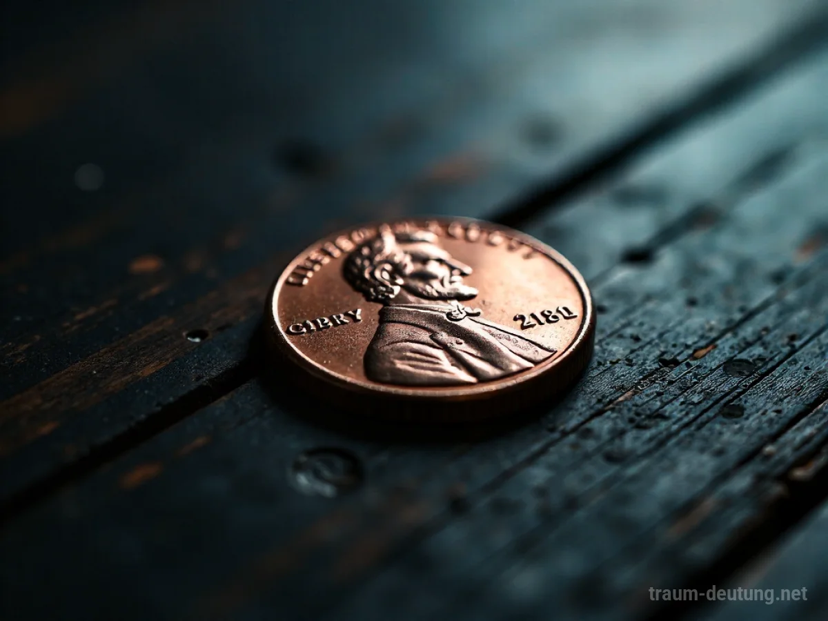 Traumsymbol Cent: Ein einzelner, abgenutzter US-Cent liegt auf einem dunklen Holztisch, beleuchtet von dramatischem, filmischem Licht, das tiefe Schatten wirft.
