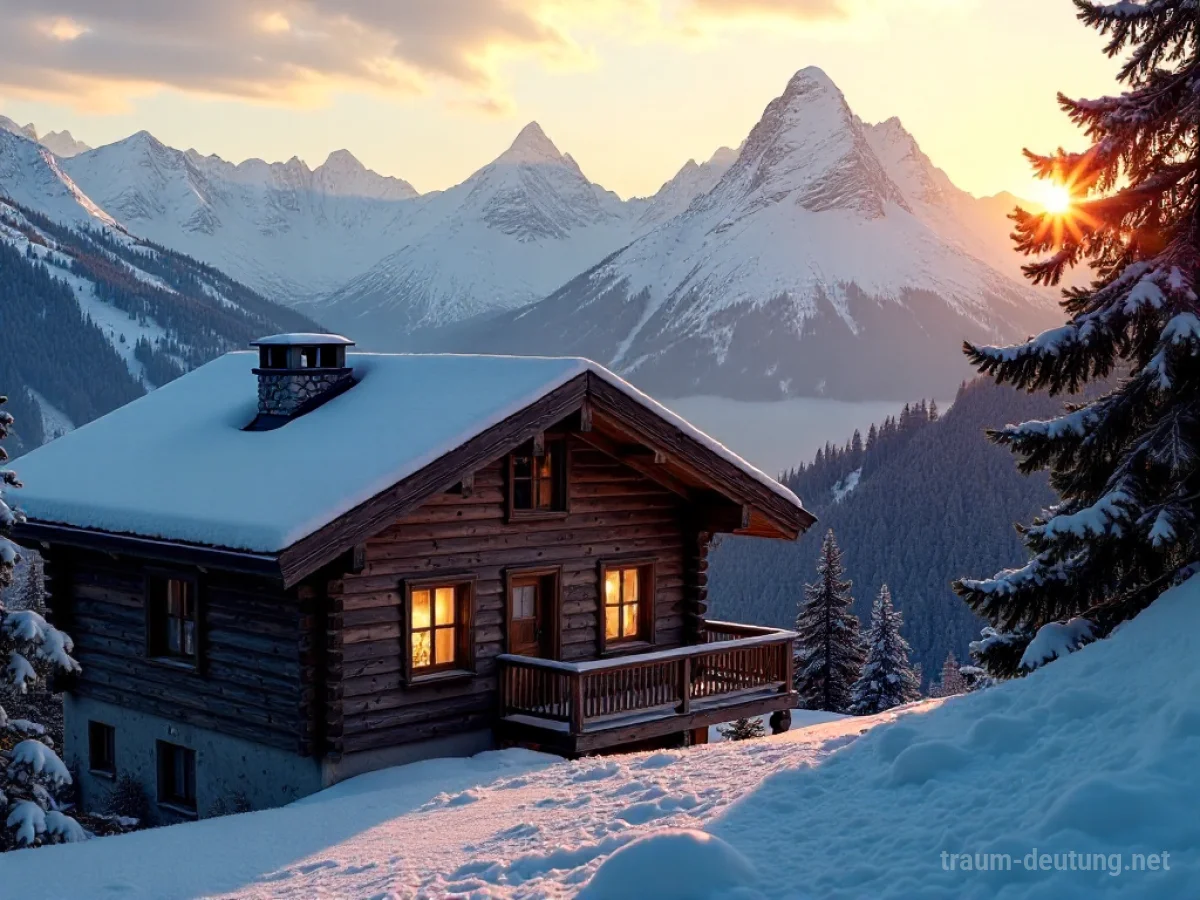 Traumsymbol Chalet: Ein rustikales Holzhaus in den Alpen bei Sonnenuntergang, umgeben von Schneebergen und Kiefern, mit Rauch aus dem Schornstein.