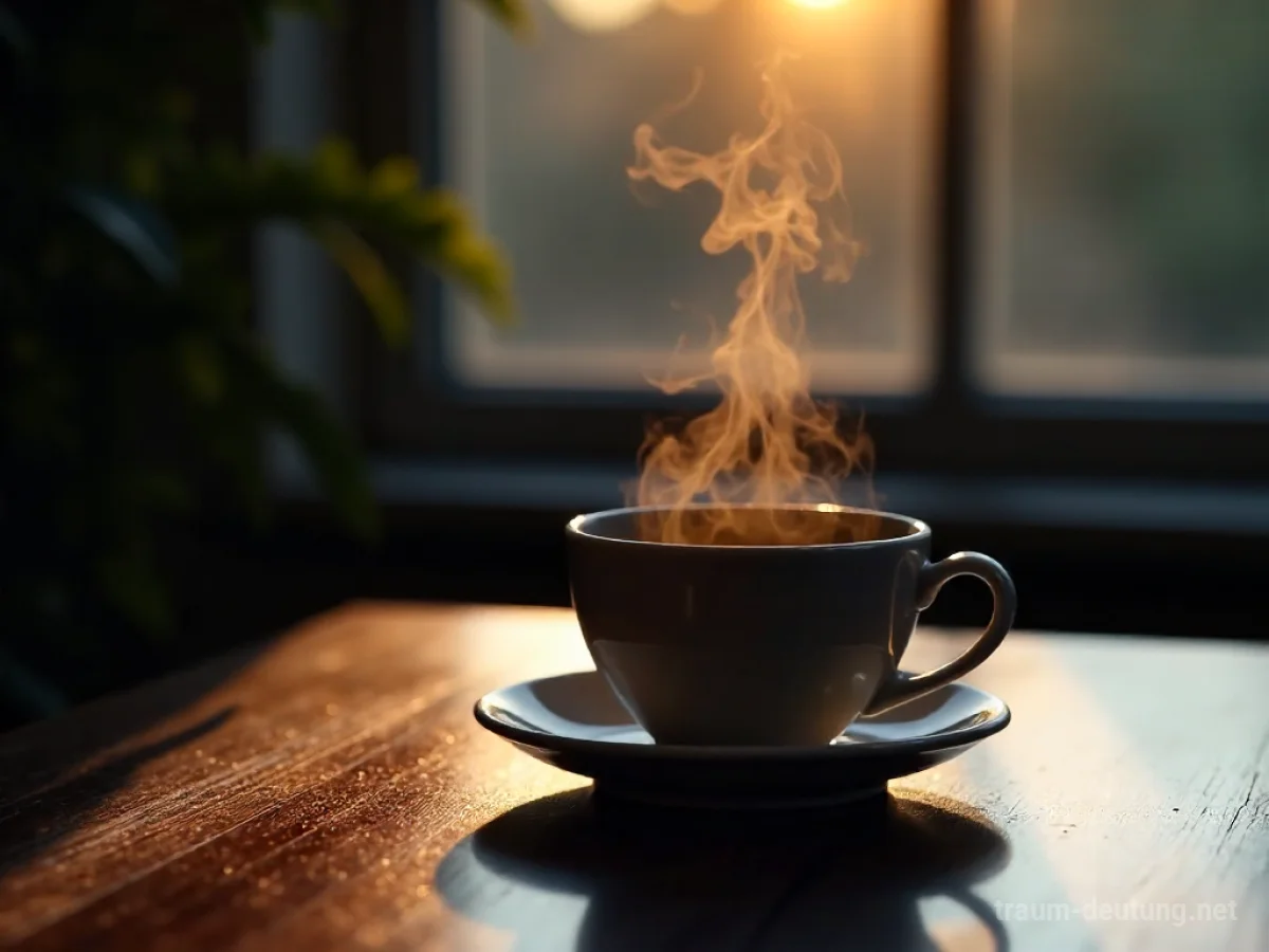 Traumsymbol Chat: Eine dampfende Tasse Kaffee steht auf einem dunklen Holztisch im Mondlicht, die aufsteigenden Dampfschwaden symbolisieren Kommunikation.