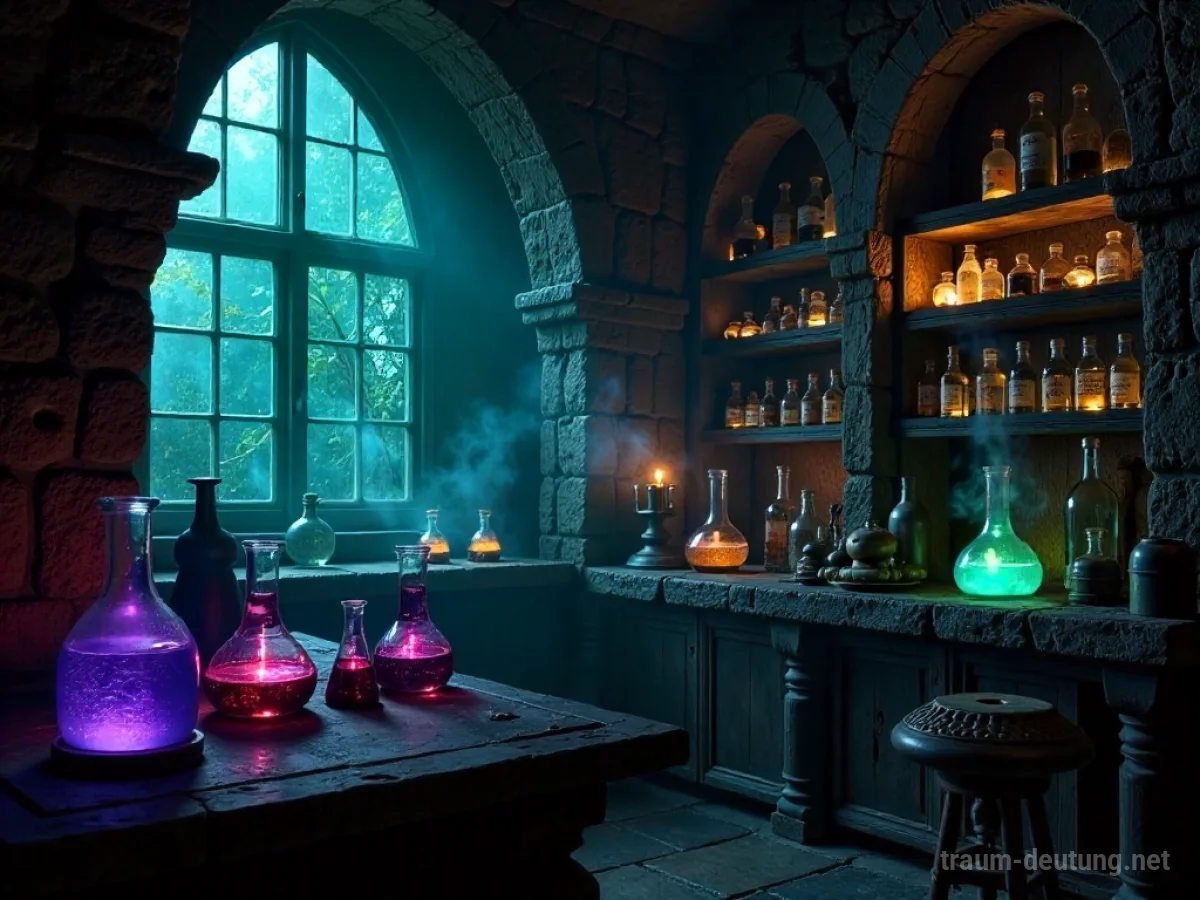 Traumsymbol Chemie: Glühende, schillernde Flüssigkeiten in alchemistischen Gläsern in einem dunklen Labor, umgeben von Nebel und alten Regalen.