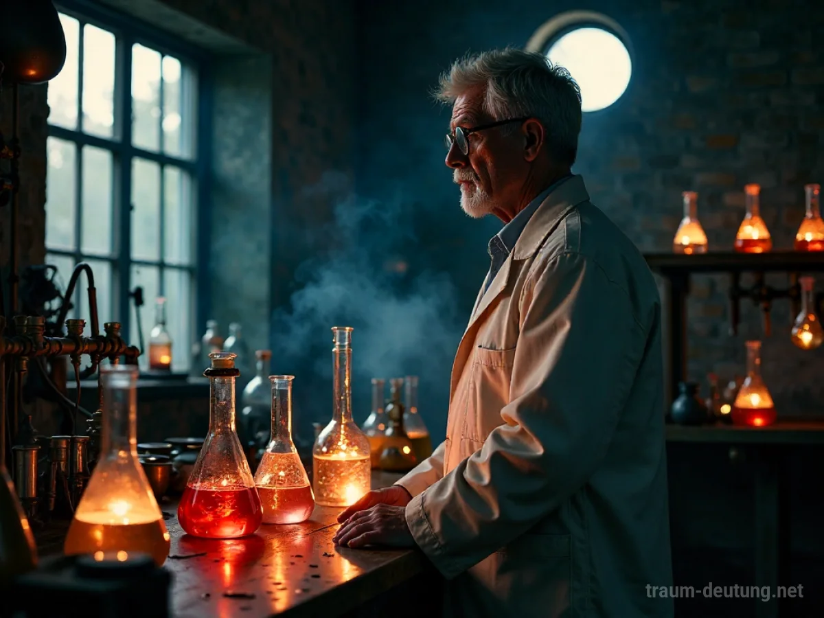 Traumdeutung Chemiker: Ein männlicher Chemiker steht in einem dunklen Labor, umgeben von blubbernden Bechern und Glasröhren im Mondlicht.