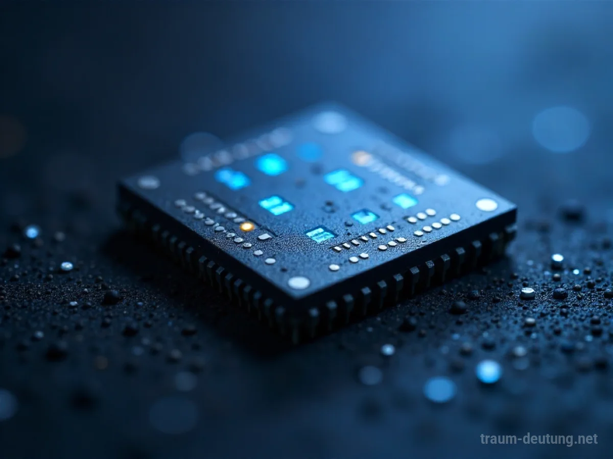 Traumsymbol Chip: Ein detaillierter Mikrochip liegt auf dunklem Untergrund, seine leuchtenden Schaltkreise sind sichtbar.