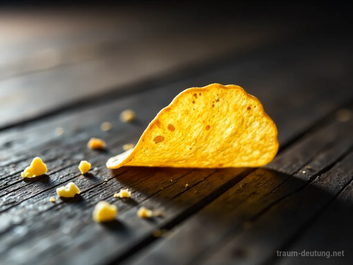 Traumsymbol Chips: Ein einzelner, perfekt knuspriger Kartoffelchip liegt auf einem dunklen Holztisch, beleuchtet von warmem Licht.
