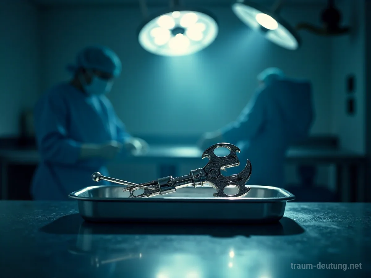Traumdeutung Chirurgie: Ein chirurgisches Instrument liegt bereit in einem sterilen, spärlich beleuchteten Operationssaal, was auf tiefgreifende Transformationen im Traum hinweist.