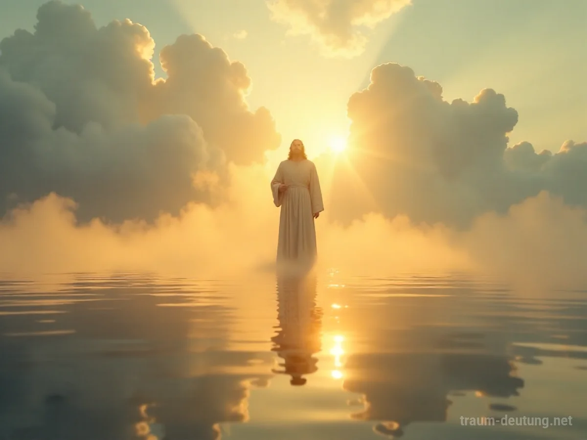 Traumsymbol Christus: Eine ätherische Figur Christi steht auf einem ruhigen See im Morgengrauen, umgeben von sanftem Licht und Nebel.