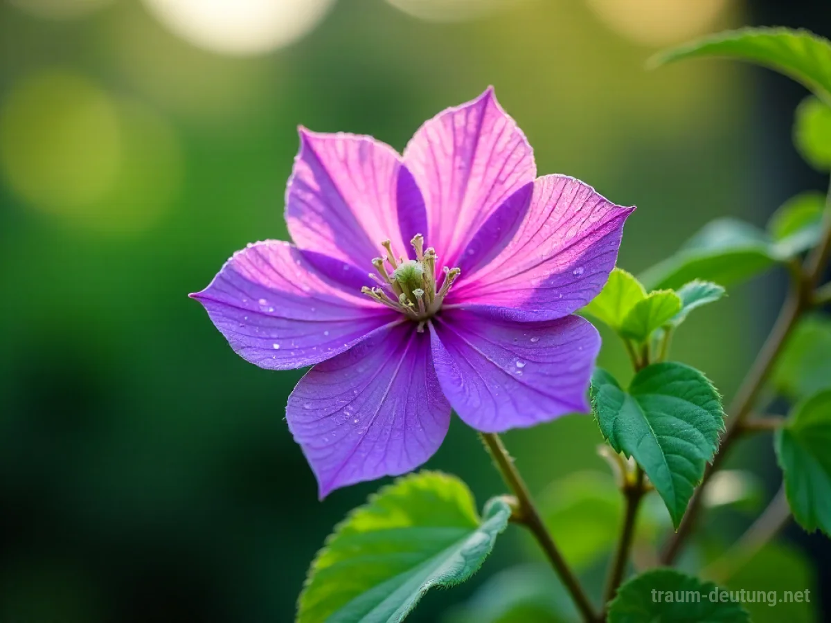 Traumsymbol Clematis: Eine einzelne, leuchtend violette Clematis-Blüte entfaltet sich in sanftem Morgenlicht vor einem verschwommenen grünen Hintergrund.