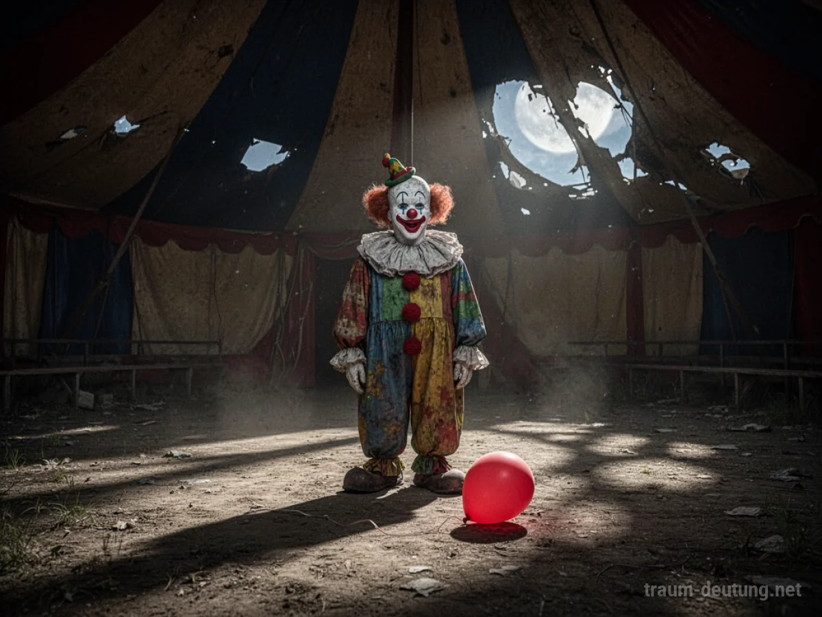 Traumdeutung Clown: Ein einsamer, verwitterter Clown steht in einem staubigen, verlassenen Zirkuszelt im Mondlicht, mit einem gesprungenen Lächeln.