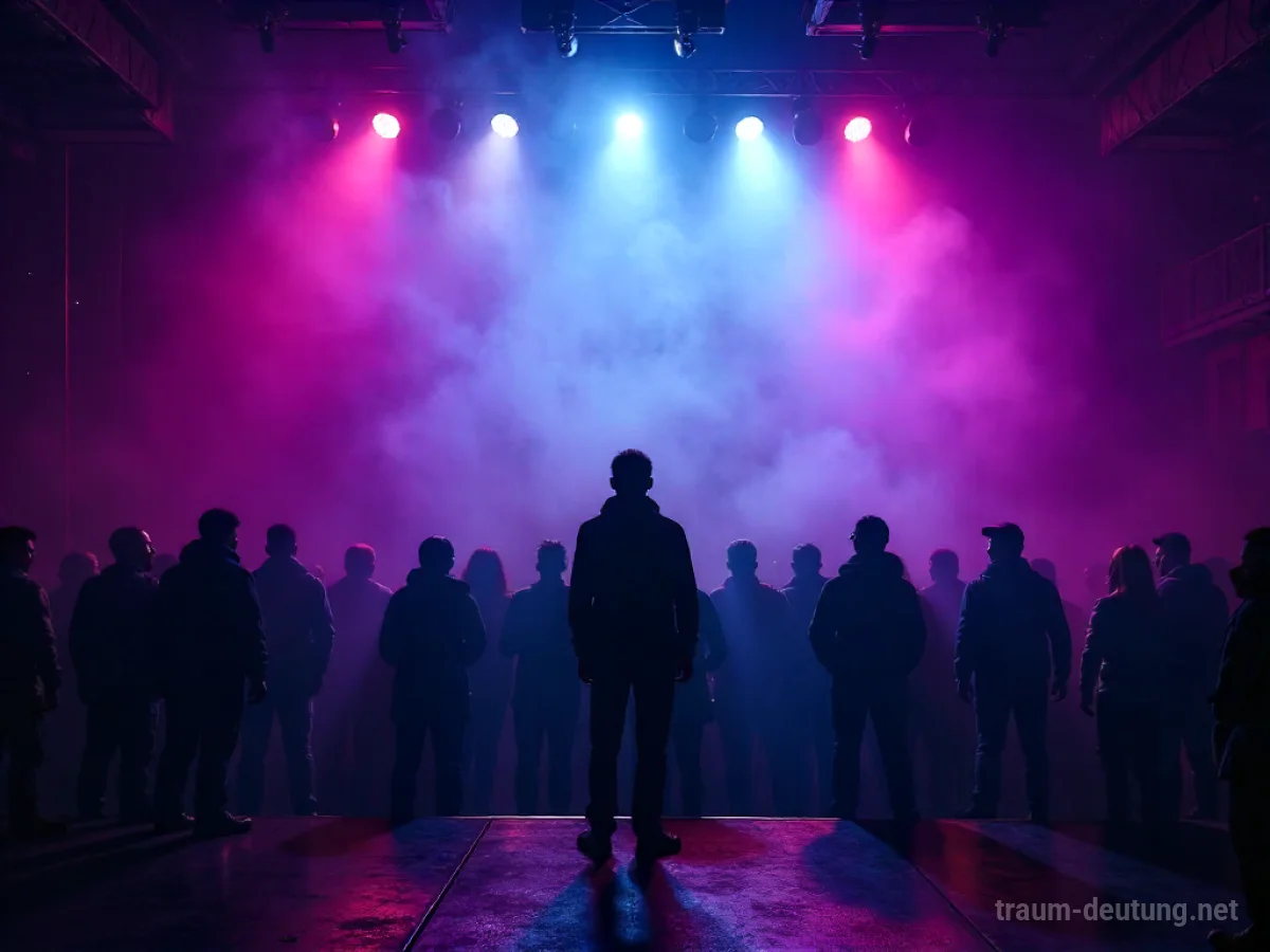 Traumsymbol Club: Ein einzelner Mensch steht in einem neonbeleuchteten, belebten Nachtclub, umgeben von tanzenden Silhouetten und pulsierendem Licht.