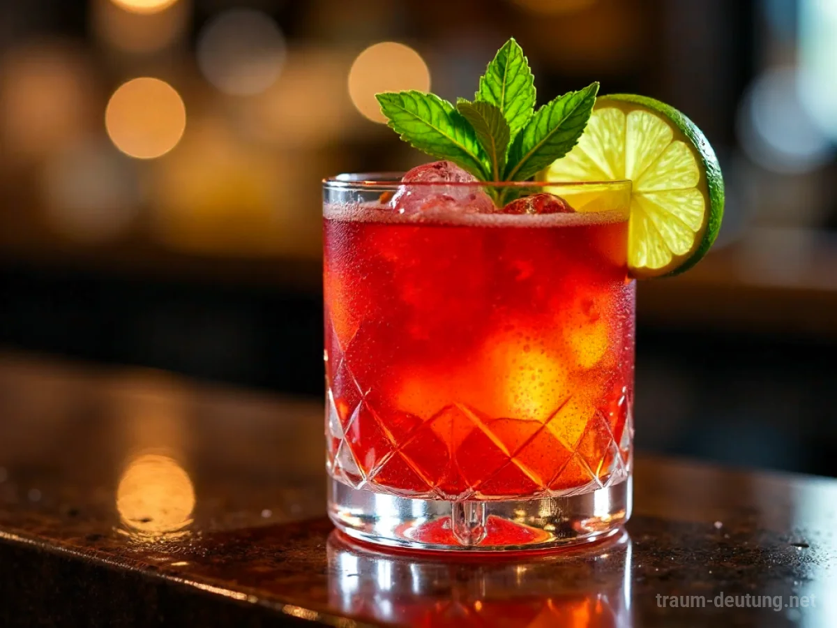 Traumsymbol Cocktail: Ein kunstvoll zubereiteter Cocktail in einem Glas auf einer dunklen Holzbar, beleuchtet von warmem Licht.