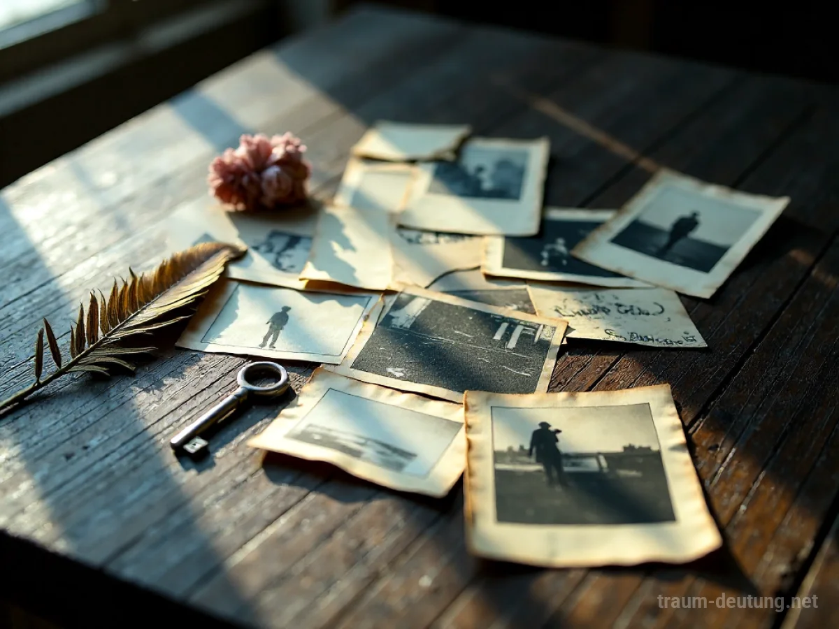 Traumsymbol Collage: Eine sorgfältig arrangierte Collage aus persönlichen Fotos und Papierschnipseln liegt auf einem dunklen Holztisch, beleuchtet von sanftem Seitenlicht.