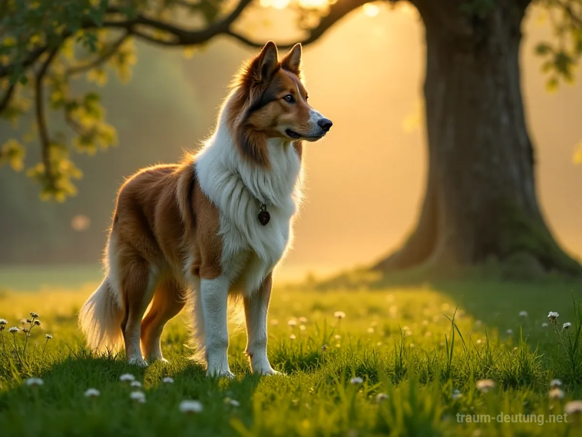 Traumsymbol Collie: Ein majestätischer Collie mit fließendem Fell steht auf einer nebligen Wiese im Morgengrauen, umgeben von alten Bäumen und sanftem Licht.