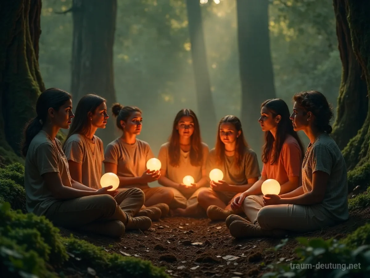 Traumdeutung Community: Eine vielfältige Gruppe von Menschen steht in einem kreisförmigen, beleuchteten Waldlichtung und hält leuchtende Kugeln, die ein Gefühl der Verbundenheit ausstrahlen.