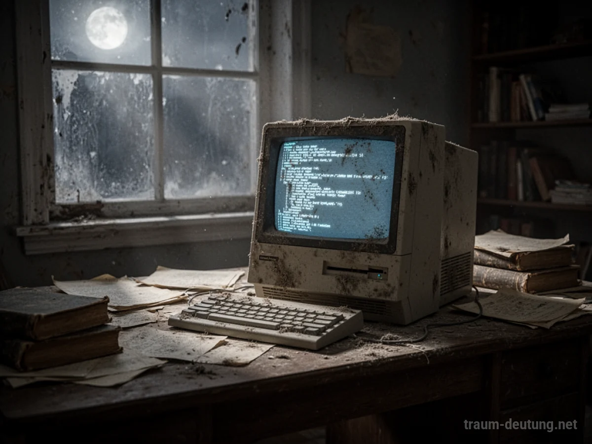 Traumdeutung Computer: Ein alter, staubbedeckter Computer leuchtet schwach im Mondlicht auf einem unordentlichen Schreibtisch, umgeben von Papieren.