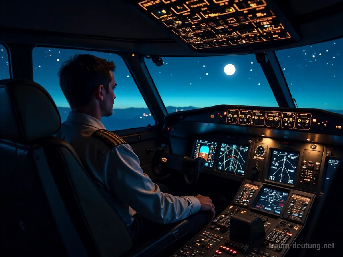 Traumdeutung Copilot: Ein leerer Copilotensitz in einem Flugzeugcockpit bei Nacht, beleuchtet von Instrumenten und Mondlicht.