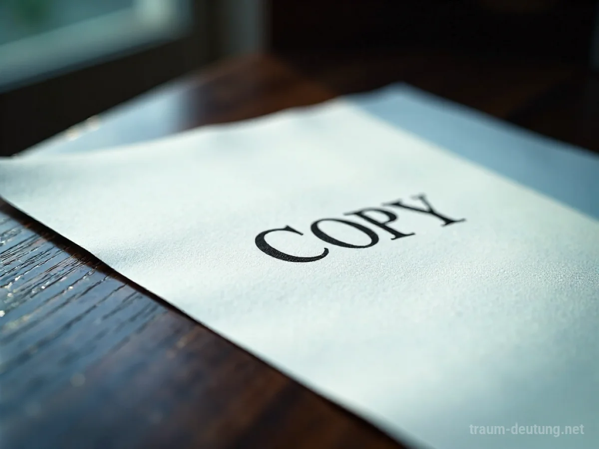 Traumsymbol Copy: Ein weißes Blatt Papier mit der Aufschrift 'COPY' liegt auf einem dunklen Holzschreibtisch, beleuchtet von sanftem Seitenlicht.