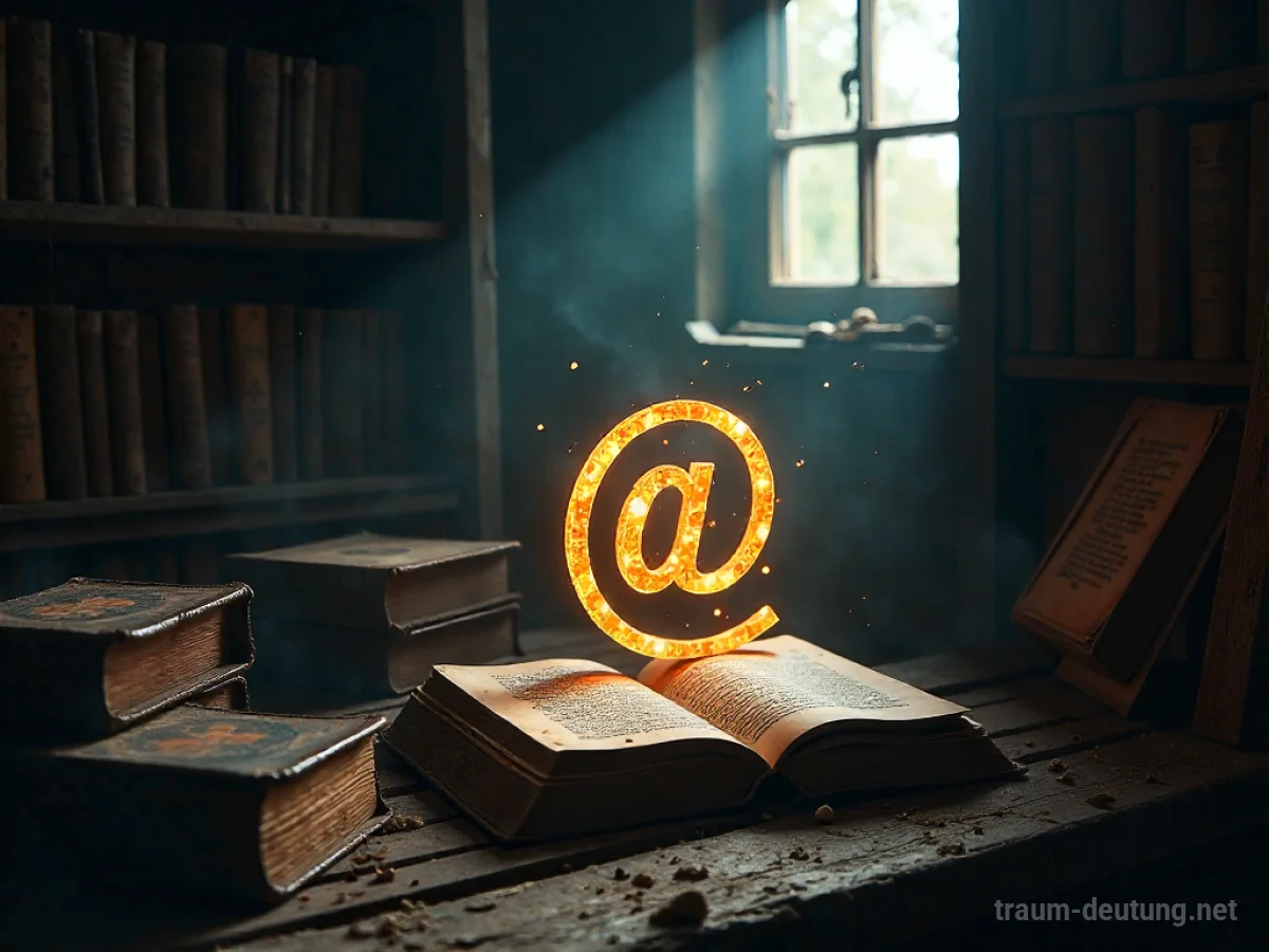Traumsymbol Copyright: Ein leuchtendes Copyright-Zeichen schwebt in einem staubigen Dachboden zwischen alten Büchern im Mondlicht.