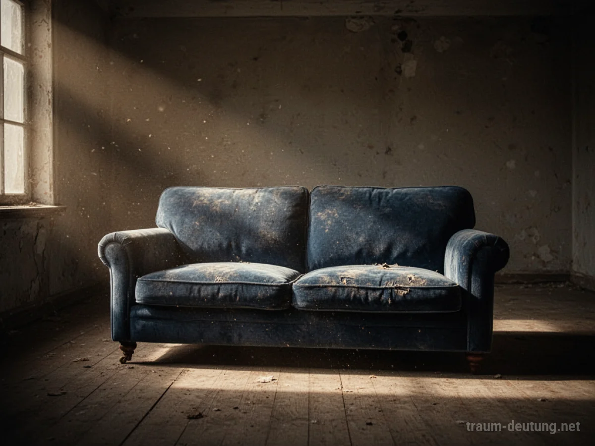 Traumdeutung Couch: Eine abgenutzte, tiefblaue Samt-Couch steht in einem spärlich beleuchteten Raum, beleuchtet von weichem Fensterlicht.