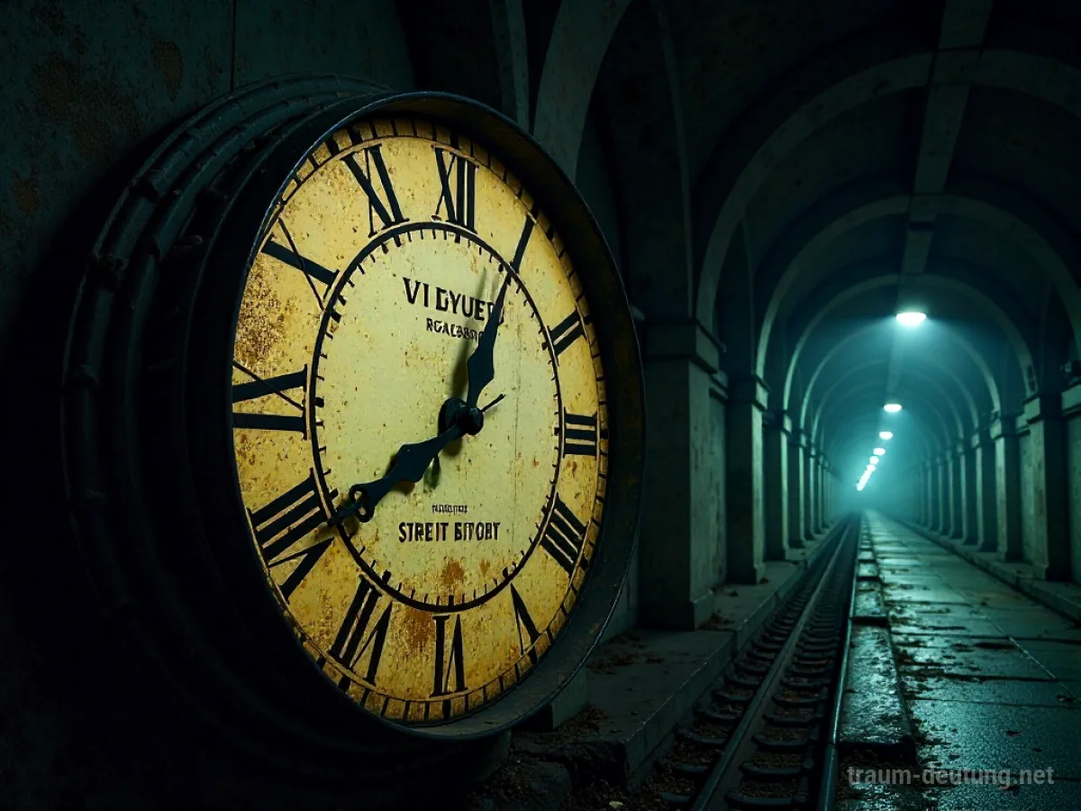 Traumsymbol Countdown: Ein zerfallendes Zifferblatt einer Bahnhofsuhr zeigt die letzten Sekunden vor Mitternacht, beleuchtet von einem einzelnen Lichtstrahl in dunkler Umgebung.