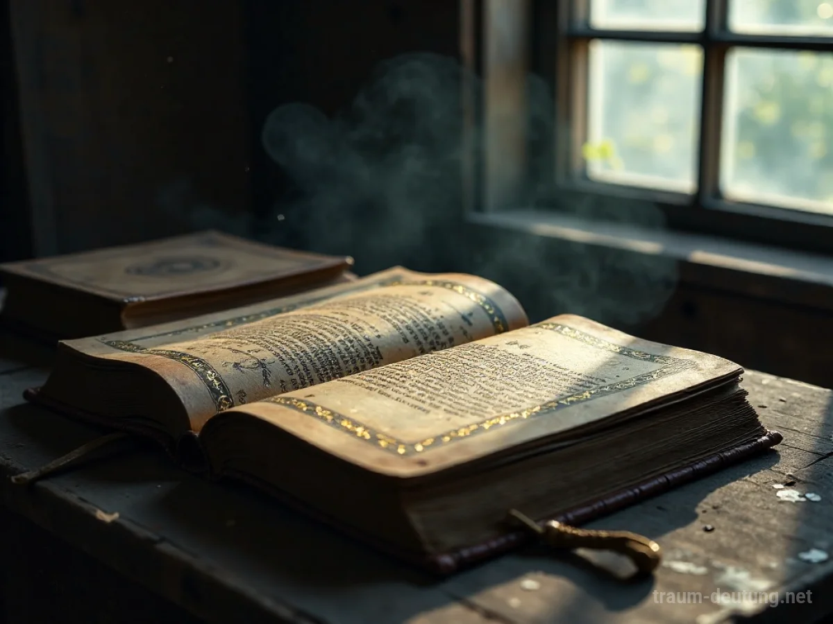 Traumdeutung Cover: Ein altes, ledergebundenes Buch mit verblassten goldenen Symbolen liegt offen auf einem hölzernen Schreibtisch, beleuchtet von Mondlicht.