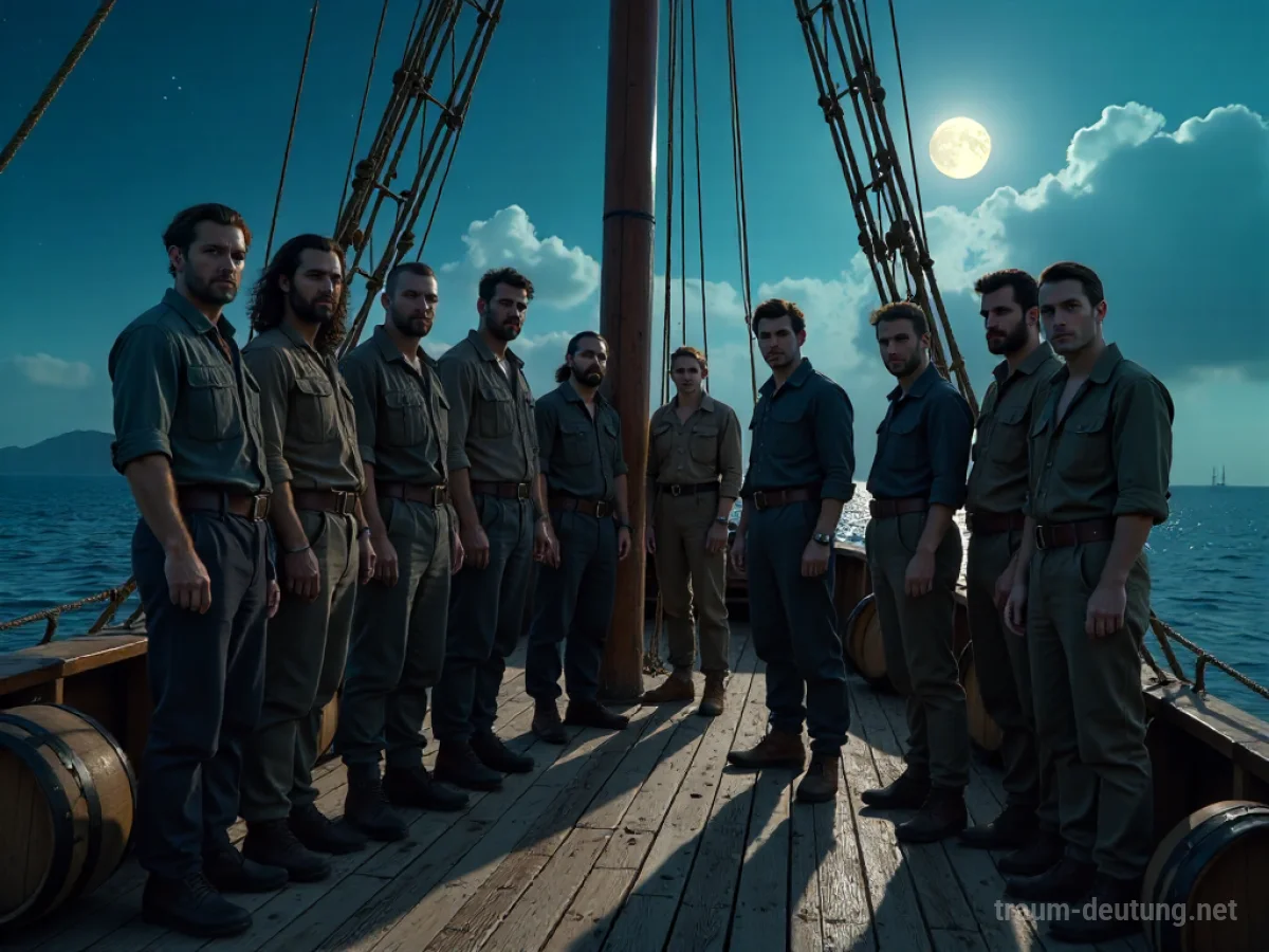 Traumsymbol Crew: Eine vielfältige Gruppe von Menschen in praktischer Kleidung steht auf dem Deck eines alten Holzseglers unter einem sternenklaren Nachthimmel, beleuchtet von Mondlicht.